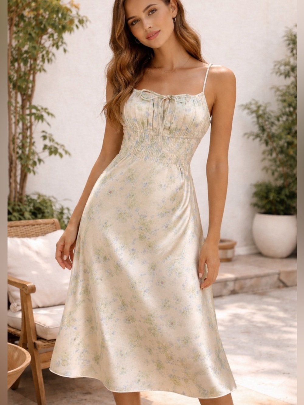 ASTR The Label Zola Smocked Satin Midi Dress Floral Ivory Size M